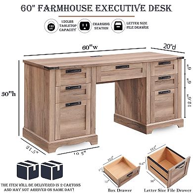 Farmhouse Executive Desk with Charging Station Keyboard Tray File Cabinet