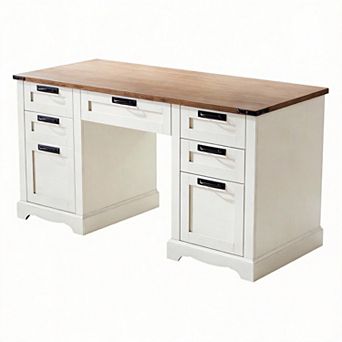 Farmhouse Executive Desk with Charging Station Keyboard Tray File Cabinet