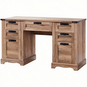 Farmhouse Executive Desk with Charging Station Keyboard Tray File Cabinet