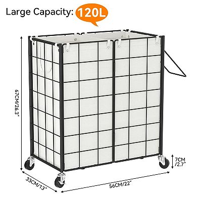 Laundry Hamper With Wheels Metal Wire Frame Rolling Basket Removable Bags Dirty Clothes Organizer