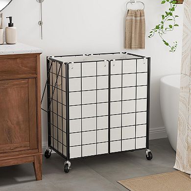 Laundry Hamper With Wheels Metal Wire Frame Rolling Basket Removable Bags Dirty Clothes Organizer