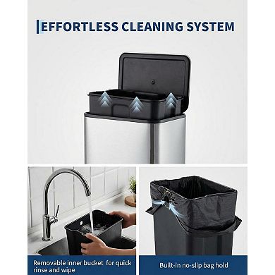 Foot Pedal Kitchen Trash Can 13.2 Gallon Stainless Steel Garbage Bin Removable Inner Bucket