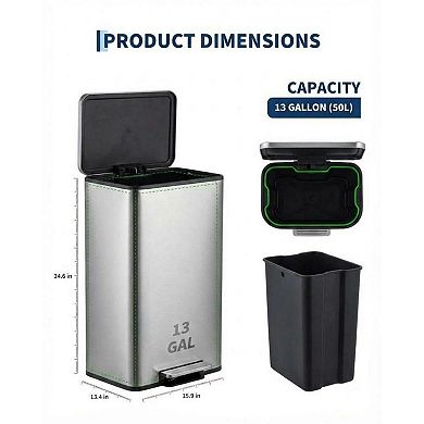 Foot Pedal Kitchen Trash Can 13.2 Gallon Stainless Steel Garbage Bin Removable Inner Bucket