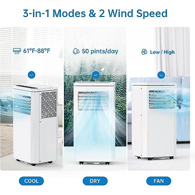8000BTU 3in1 AC Portable Air Conditioner,Dehumidifier&Fan,Sleep Mode,24H Timer,Easy Install,350Sq.Ft