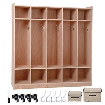 5-Section Wooden Kids Storage Locker. 15 Cubbies, 5 Hooks, 2 Storage Bins, 4 Casters, Anti-Tip Kit