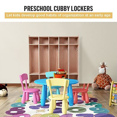 5-Section Wooden Kids Storage Locker. 15 Cubbies, 5 Hooks, 2 Storage Bins, 4 Casters, Anti-Tip Kit