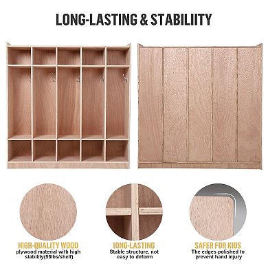 5-Section Wooden Kids Storage Locker. 15 Cubbies, 5 Hooks, 2 Storage Bins, 4 Casters, Anti-Tip Kit
