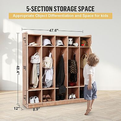 5-Section Wooden Kids Storage Locker. 15 Cubbies, 5 Hooks, 2 Storage Bins, 4 Casters, Anti-Tip Kit