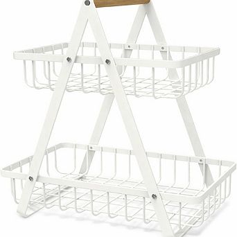 2 tier Countertop Fruit Basket with Wood Handle Detachable Metal Kitchen Organizer White