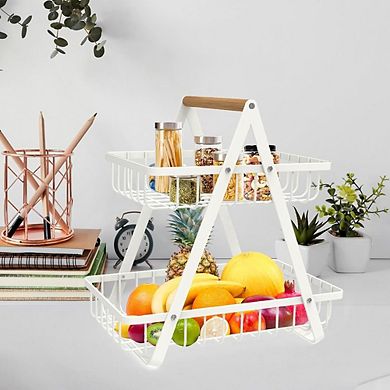 2 Tier Countertop Fruit Basket with Wood Handle Detachable Metal Kitchen Organizer White