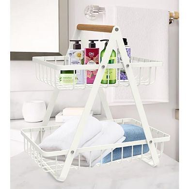 2 Tier Countertop Fruit Basket with Wood Handle Detachable Metal Kitchen Organizer White