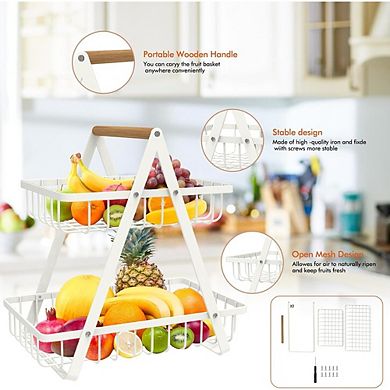 2 Tier Countertop Fruit Basket with Wood Handle Detachable Metal Kitchen Organizer White