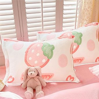 Pink Strawberry Kawaii Plush Decorative Pillow Covers Set Soft Cushion Shams