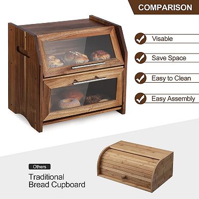 Farmhouse Bread Box,Double Layer Bread Storage Container,Wood Breadbox Organizer,Large Capacity Bin