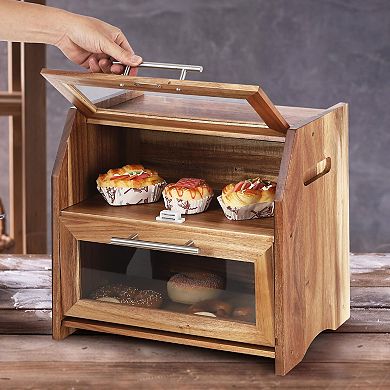 Farmhouse Bread Box,Double Layer Bread Storage Container,Wood Breadbox Organizer,Large Capacity Bin