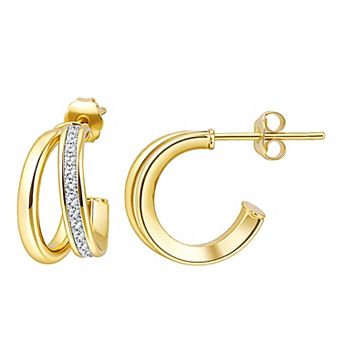 Aleure Precioso Sterling Silver Pave Cubic Zirconia Double Posted Hoop Earrings