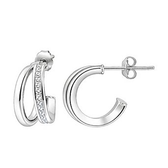 Aleure Precioso Sterling Silver Pave Cubic Zirconia Double Posted Hoop Earrings