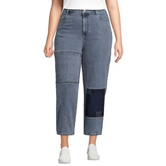 Plus Size Lands' End Soft Denim Mid Rise Relaxed Straight Crop Patchwork Jeans