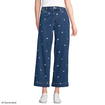 Petite Lands' End Soft Denim Embroidered Wide Leg Crop Jeans