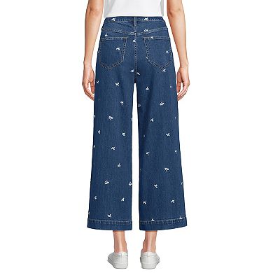 Petite Lands' End Soft Denim Embroidered Wide Leg Crop Jeans