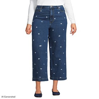 Plus Size Lands' End Soft Denim High-Rise Embroidered Wide Leg Crop Jeans