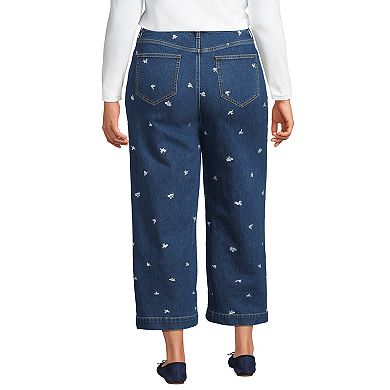 Plus Size Lands' End Soft Denim High-Rise Embroidered Wide Leg Crop Jeans