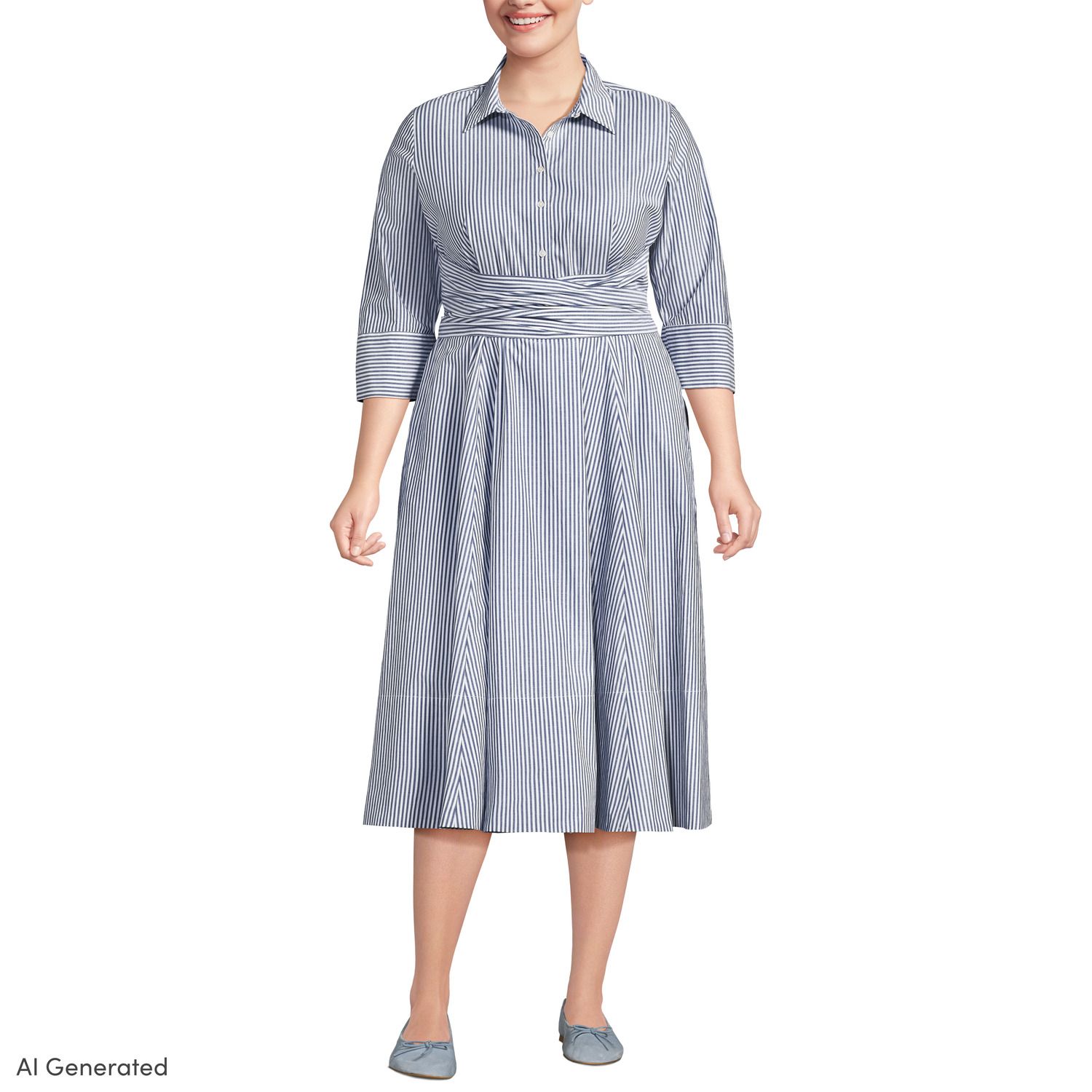 Женские платья Plus Size Lands' End Striped Poplin Wrap Front Midi — фото 1