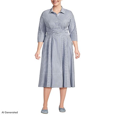 Женские платья Lands' End Plus Size Lands' End Striped Poplin Wrap Front Midi Dress