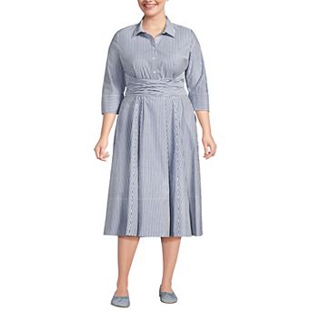 Plus Size Lands' End Striped Poplin Wrap Front Midi Dress