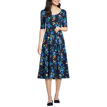 Women's Lands' End Elbow Sleeve Midi Fit & Flare Dress