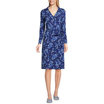 Women's Lands' End Long Sleeves Collared Wrap Dress