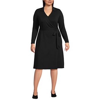 Plus Size Lands' End Long Sleeves Collared Wrap Dress