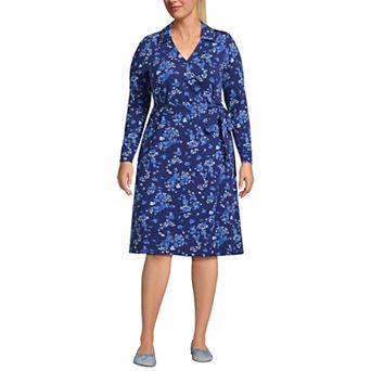 Plus Size Lands' End Long Sleeves Collared Wrap Dress