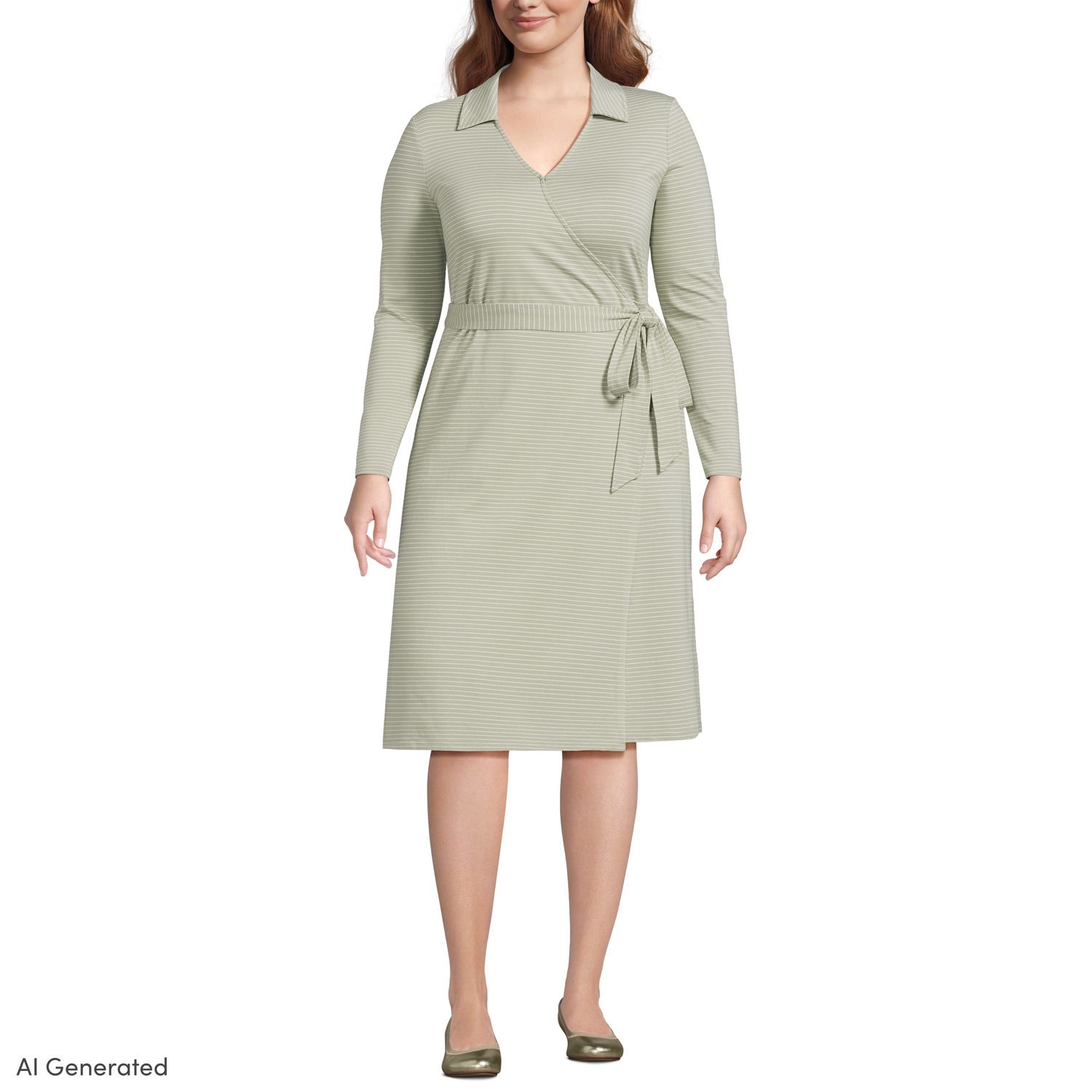 Женские платья Plus Size Lands' End Long Sleeves Collared Wrap, цвет: Шалфейный полосатый — фото 1