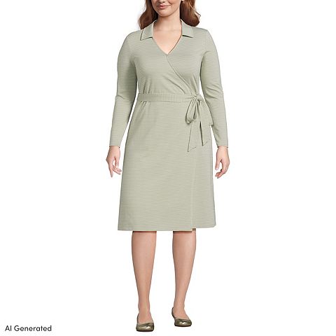 Женские платья Lands' End Plus Size Lands' End Long Sleeves Collared Wrap Dress