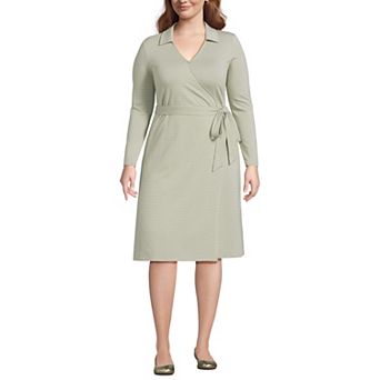 Plus Size Lands' End Long Sleeves Collared Wrap Dress