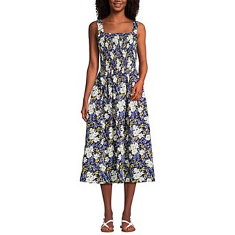 Women's Lands' End Poplin Smocked Bodice Midi Dress