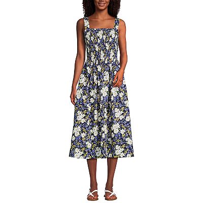Lands' End Women's Poplin Smocked Bodice Midi Dress - Deep Sea Spring Floral