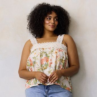 Plus Size LC Lauren Conrad Lace Trim Square Neck Tank Top