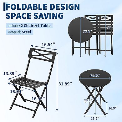 3-Piece Folding Patio Bistro Set, Foldable Outdoor Table and 2 Chairs with Premium Frame