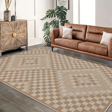 Linen Look Printed Area Rug with Polyester Washable Backing, Foldable Indoor Decorative Carpet