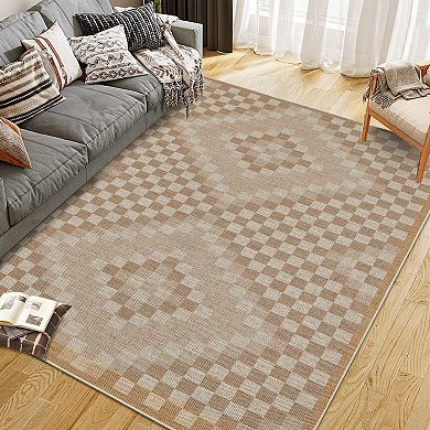 Linen Look Printed Area Rug with Polyester Washable Backing, Foldable Indoor Decorative Carpet