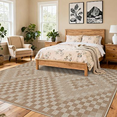 Linen Look Printed Area Rug with Polyester Washable Backing, Foldable Indoor Decorative Carpet