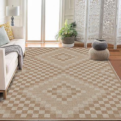 Linen Look Printed Area Rug with Polyester Washable Backing, Foldable Indoor Decorative Carpet