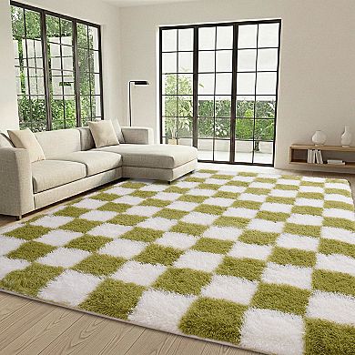 Plush Checkerboard Area Rug for Living Room Bedroom, Modern Shag Rug ...