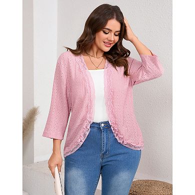 Plus Size Women Casual Lace Trim Lightweight Cardigan