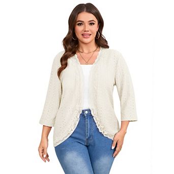 Plus Size Women Casual Lace Trim Lightweight Cardigan