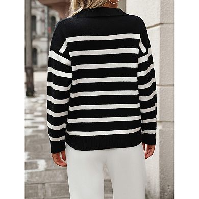 Women Pullover Sweater Striped Collared Knit Top
