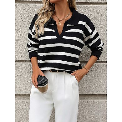 Women Pullover Sweater Striped Collared Knit Top