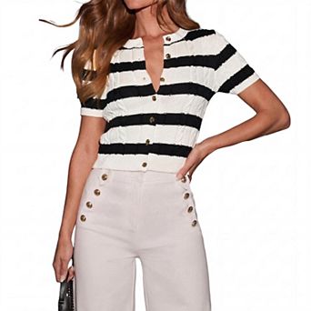 Women Striped Knit Top Button Down Short Sleeve Sweater